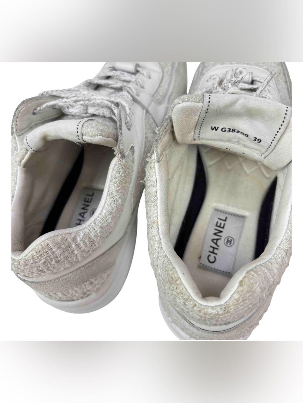 CHANEL White & Tweed CC Logo Trainer Sneakers Size 39 - Picture 13 of 14